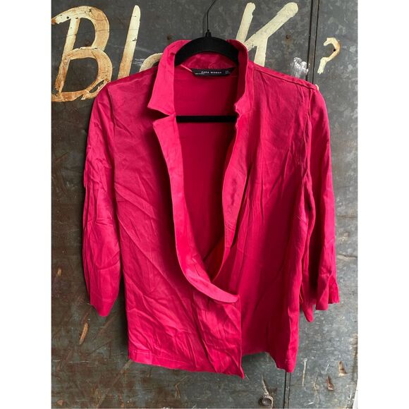 Zara Barbie-Core Pink Blazer Blouse Satin-Feel Shirt, Size Large - Picture 1 of 9